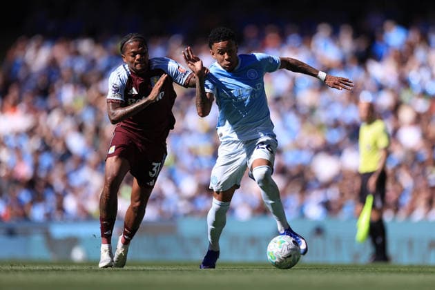 Football - Premier League - Manchester City v Aston Villa 24th May 2026 - Premier League - Manchester City v Aston Villa - Leon Bailey of Aston Villa battles with Savinho of Manchester City - Photo: Simon Stacpoole Offside. Manchester UK Copyright: xSimonxStacpoolexOffside