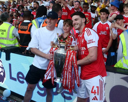 24th May 2026; Selhurst Park, Selhurst, London, England; Premier League Football, Crystal Palace versus Arsenal; Declan Rice of Arsenal with the Premier League trophy alongside family KatiexChan