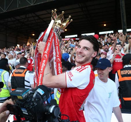 24th May 2026; Selhurst Park, Selhurst, London, England; Premier League Football, Crystal Palace versus Arsenal; Declan Rice of Arsenal with the Premier League trophy KatiexChan