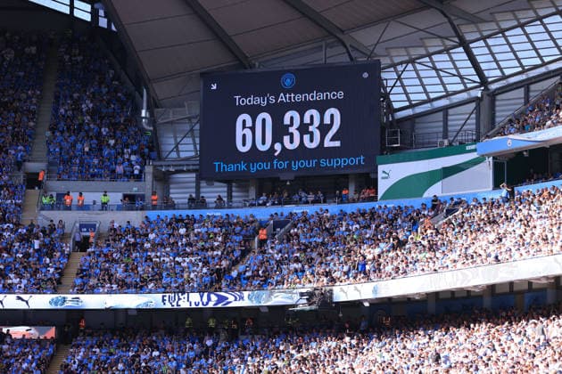 Football - Premier League - Manchester City v Aston Villa 24th May 2026 - Premier League - Manchester City v Aston Villa - The attendance is shown on the big screen as 60,332 following the opening of the newly-expanded North Stand - Photo: Simon Stacpoole Offside. Manchester UK Copyright: xSimonxStacpoolexOffside