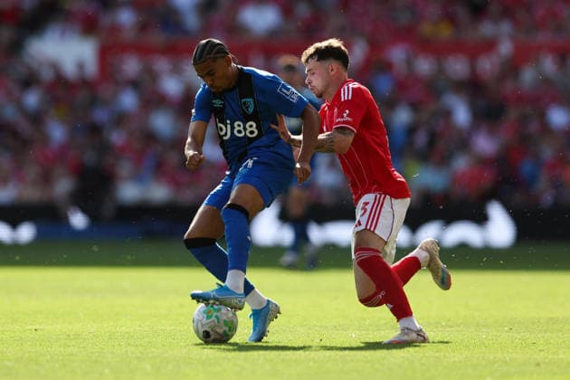 Nottingham, England, 24th May 2026. Amine Adli of AFC Bournemouth runs with the ball whilst under pressure from Neco Williams of Nottingham Forest during the Nottingham Forest vs AFC Bournemouth Premier League match at the City Ground, Nottingham. Picture credit should read: Jessica Hornby Sportimage EDITORIAL USE ONLY. No use with unauthorised audio, video, data, fixture lists, club league logos or live services. Online in-match use limited to 120 images, no video emulation. No use in betting, games or single club league player publications. SPI_097_JH_NOTTINGHAM_FOREST_BOURNEMOUTH SPI-4820-0097