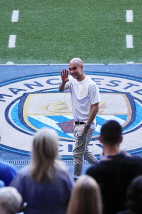 Football - Premier League - Manchester City v Aston Villa 24th May 2026 - Premier League - Manchester City v Aston Villa - Manchester City manager Pep Guardiola waves after the match - Photo: Simon Stacpoole Offside. Manchester UK Copyright: xSimonxStacpoolexOffside