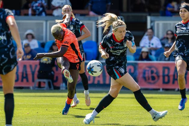 SAN JOSE, CA - MAY 24: Racheal Kundananji 9 of Bay FC takes a shot on goal during a match against Chicago Stars FC on May 24, 2026 at PayPal Park in San Jose, CA. (Photo by Matthew Huang Icon Sportswire) SOCCER: MAY 24 NWSL Bay FC vs Chicago Stars EDITORIAL USE ONLY Icon260524020