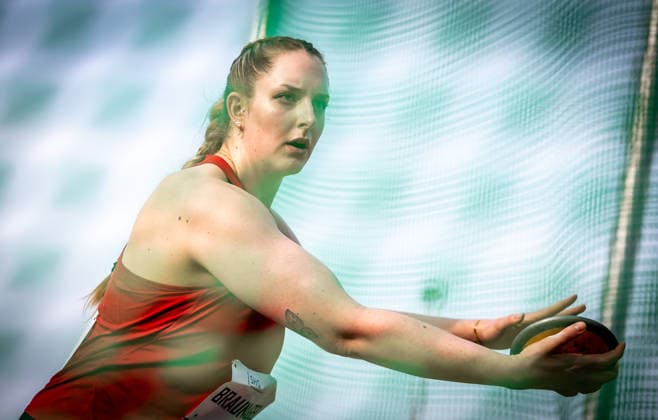 61. Internationales Pfingstsportfest; Rehlingen-Siersburg, 24.05.2026 Leia Braunagel (GER Eintracht Frankfurt e.V.) im Diskuswurf der Frauen; 61. Internationales Pfingstsportfest am 24.05.2026 im Bungertstadion in Rehlingen-Siersburg (Saarland). Copyright: xBEAUTIFULxSPORTS R.xSchmittx