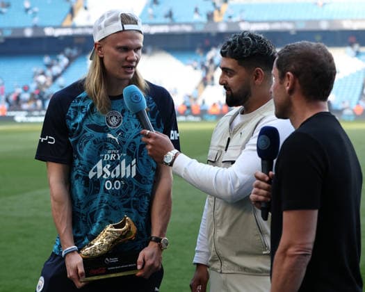 24th May 2026; Etihad Stadium, Manchester, Lancashire, England; Premier League Football, Manchester City versus Aston Villa; Erling Haaland of Manchester City is interviewed after he is presented with the Golden Boot DavidxBlunsden