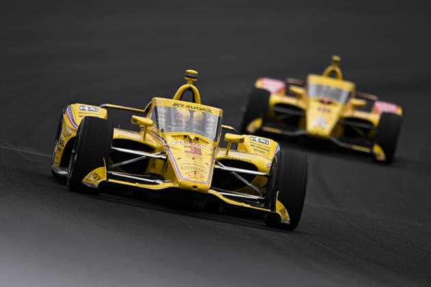 INDIANAPOLIS, IN - MAY 24: Scott McLaughlin (3) Pennzoil Team Penske Chevrolet races through turn one during the NTT IndyCar, Indy Car, IRL, USA Series Indianapolis 500 presented by Gainbridge on May 24, 2026, at the Indianapolis Motor Speedway in Indianapolis, Indiana. (Photo by Michael Allio Icon Sportswire) AUTO: MAY 24 NTT IndyCar Series Indianapolis 500 presented by Gainbridge EDITORIAL USE ONLY Icon116260524052500