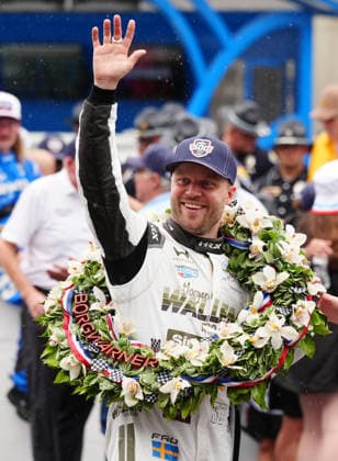 INDIANAPOLIS, IN - MAY 24: IndyCar, Indy Car, IRL, USA driver Felix Rosenqvist waves to the fans after winning the 110th Running of the Indianapolis 500 on May 24, 2026, at the Indianapolis Motor Speedway in Indianapolis, Indiana. (Photo by Brian Spurlock Icon Sportswire) AUTO: MAY 24 NTT IndyCar Series Indianapolis 500 presented by Gainbridge EDITORIAL USE ONLY Icon26052450061