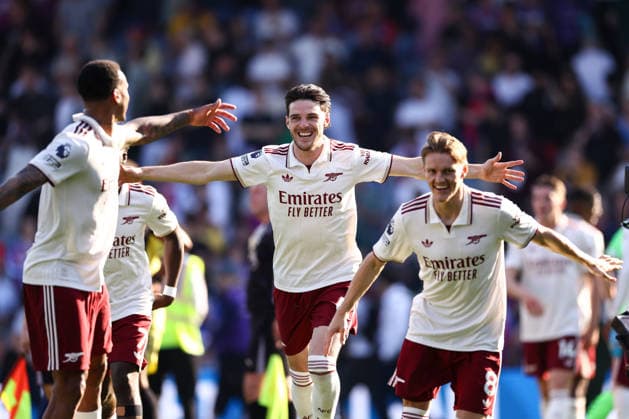 Crystal Palace v Arsenal 24 May 2026, London - Premier League Football - Crystal Palace v Arsenal - L-R Gabriel, Declan Rice and Martin Odegaard of Arsenal celebrate victory - Photo: Jacques Feeney Offside. London UK Copyright: xJacquesxFeeneyx xOffsidexOffside