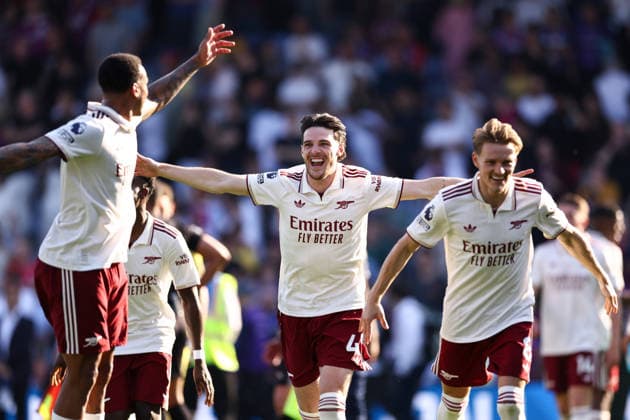 Crystal Palace v Arsenal 24 May 2026, London - Premier League Football - Crystal Palace v Arsenal - L-R Gabriel, Declan Rice and Martin Odegaard of Arsenal celebrate victory - Photo: Jacques Feeney Offside. London UK Copyright: xJacquesxFeeneyx xOffsidexOffside