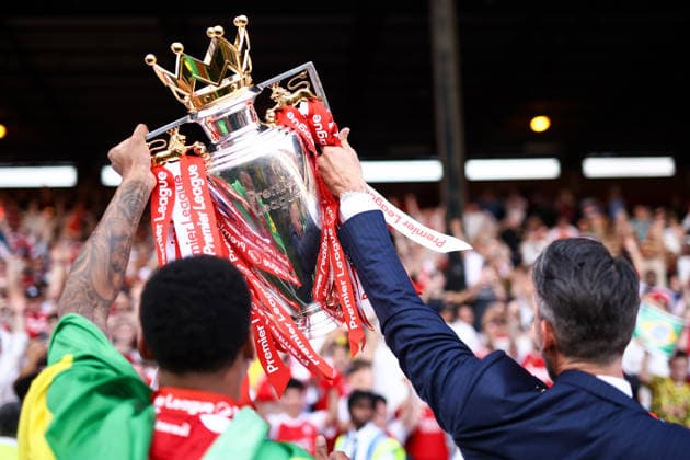 Crystal Palace v Arsenal 24 May 2026, London - Premier League Football - Crystal Palace v Arsenal - Gabriel of Arsenal and Arsenal Co Chair Josh Kroenke lift the Premier League trophy - Photo: Jacques Feeney Offside. London UK Copyright: xJacquesxFeeneyx xOffsidexOffside