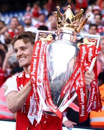 Crystal Palace v Arsenal 24 May 2026, London - Premier League Football - Crystal Palace v Arsenal - Martin Odegaard of Arsenal poses for a photo with the Premier League trophy - Photo: Jacques Feeney Offside. London UK Copyright: xJacquesxFeeneyx xOffsidexOffside