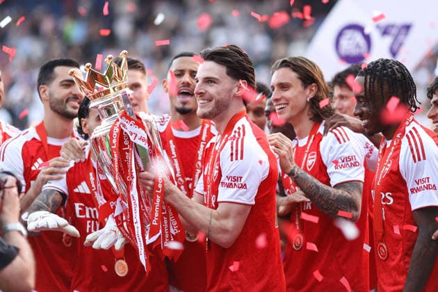Crystal Palace v Arsenal 24 May 2026, London - Premier League Football - Crystal Palace v Arsenal - Declan Rice of Arsenal with the Premier League trophy - Photo: Jacques Feeney Offside. London UK Copyright: xJacquesxFeeneyx xOffsidexOffside