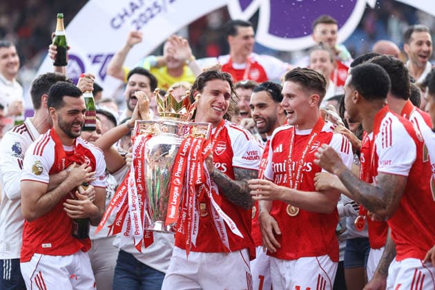 Crystal Palace v Arsenal 24 May 2026, London - Premier League Football - Crystal Palace v Arsenal - Riccardo Calafiori of Arsenal lifts the Premier League trophy - Photo: Jacques Feeney Offside. London UK Copyright: xJacquesxFeeneyx xOffsidexOffside