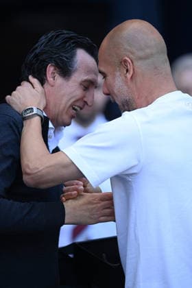 Manchester City v Aston Villa, Premier League Pep Guardiola, head coach of Manchester City, Unai Emery, head coach of Aston Villa, interact during the Manchester City v Aston Villa Premier League match at the Etihad Stadium, Manchester, England on 24 May 2026 Credit: Ben Roberts Every Second Media Editorial use only. All images are copyright Every Second Media Limited. No images may be reproduced without prior permission. All rights reserved. Premier League and Football League images are subject to licensing agreements with Football DataCo Limited. see https: www.football-dataco.com Copyright: xIMAGO EveryxSecondxMediax ESM-2008-0136 BenxRobertsx xEveryxSecondxMediax