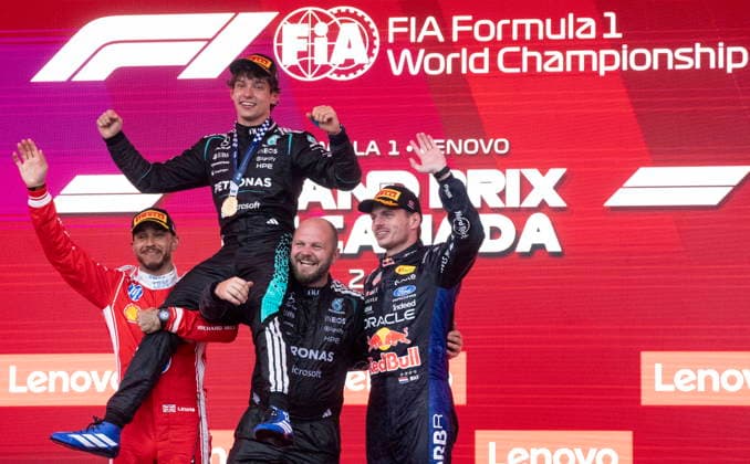 May 24, 2026, Montreal, Qc, CANADA: Winner Mercedes driver Kimi Antonelli of Italy is hoisted by second place Ferrari driver Lewis Hamilton of the United Kingdom, left, and Mercedes team senior composite technician Dean Hale, as third place Red Bull Racing driver Max Verstappen of the Netherlands, right, joins them following Formula One auto racing Canadian Grand Prix in Montreal on Sunday, May 24, 2026. Canada News - May 24, 2026  - ZUMAc35_ 20260524_zaf_c35_105 Copyright: xChristinnexMuschix