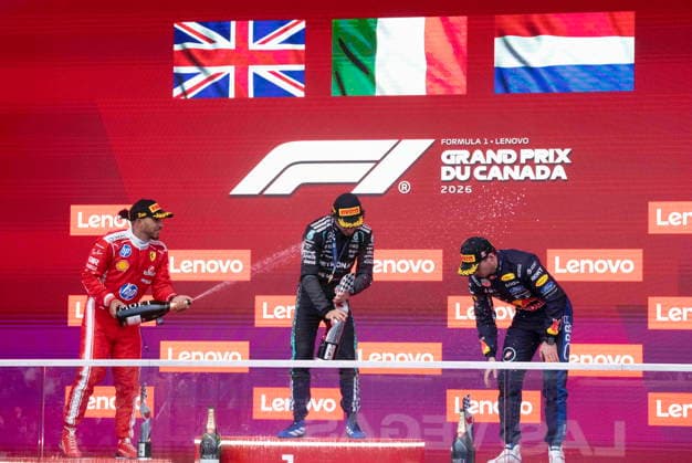 May 24, 2026, Montreal, Qc, CANADA: Winner Mercedes driver Kimi Antonelli of Italy, centre, is sprayed with champagne by second place Ferrari driver Lewis Hamilton of the United Kingdom as third place Red Bull Racing driver Max Verstappen of the Netherlands lifts his bottle at the Formula One auto racing Canadian Grand Prix in Montreal on Sunday, May 24, 2026. Canada News - May 24, 2026  - ZUMA May 20260524_zaf_c35_106 Copyright: xChristinnexMuschix