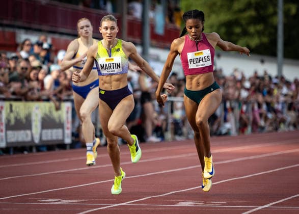 61. Internationales Pfingstsportfest; Rehlingen-Siersburg, 24.05.2026 Auf der Ziellinie: Packendes Sprintduell über 400m der Frauen zwischen (von links) Johanna Martin (GER 1. LAV Rostock) und Paris Peoples (USA Vereinigte Staaten von Amerika); 61. Internationales Pfingstsportfest am 24.05.2026 im Bungertstadion in Rehlingen-Siersburg (Saarland). Copyright: xBEAUTIFULxSPORTS R.xSchmittx