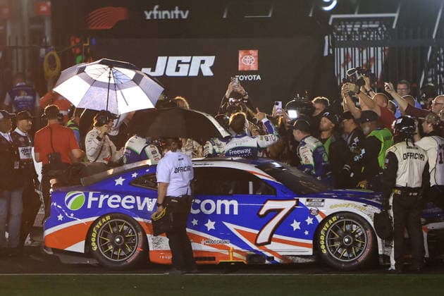 CHARLOTTE, NC - MAY 24: Daniel Suarez ( 7 Spire Motorsports Freeway Insurance Chevrolet) celebrates after winning the NASCAR, Motorsport, USA Cup Series Coca-Cola 600 on May 24, 2026 at Charlotte Motor Speedway in Charlotte, NC. (Photo by Jeff Robinson Icon Sportswire) AUTO: MAY 24 NASCAR Cup Series Coca-Cola 600 EDITORIAL USE ONLY Icon2605248476600