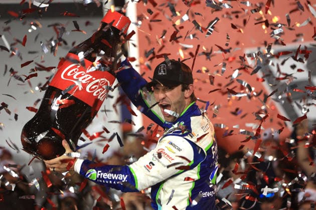 CHARLOTTE, NC - MAY 24: Daniel Suarez ( 7 Spire Motorsports Freeway Insurance Chevrolet) celebrates after winning the NASCAR, Motorsport, USA Cup Series Coca-Cola 600 on May 24, 2026 at Charlotte Motor Speedway in Charlotte, NC. (Photo by Jeff Robinson Icon Sportswire) AUTO: MAY 24 NASCAR Cup Series Coca-Cola 600 EDITORIAL USE ONLY Icon2605248646600