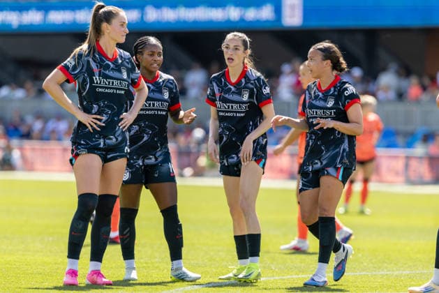 SAN JOSE, CA - MAY 24: Mallory Swanson 9 of Chicago Stars FC interacts with teammates during a match against Bay FC on May 24, 2026 at PayPal Park in San Jose, CA. (Photo by Matthew Huang Icon Sportswire) SOCCER: MAY 24 NWSL Bay FC vs Chicago Stars EDITORIAL USE ONLY Icon260524081