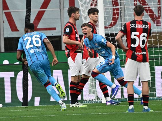 (260525) -- MILAN, May 25, 2026 -- Cagliari s Juan Rodriguez (C) celebrates his goal during a Serie A football match between AC Milan and Cagliari in Milan, Italy, May 24, 2026. (SP)ITALY-MILAN-SOCCER-SERIE A-AC MILAN VS CAGLIARI LixJing 