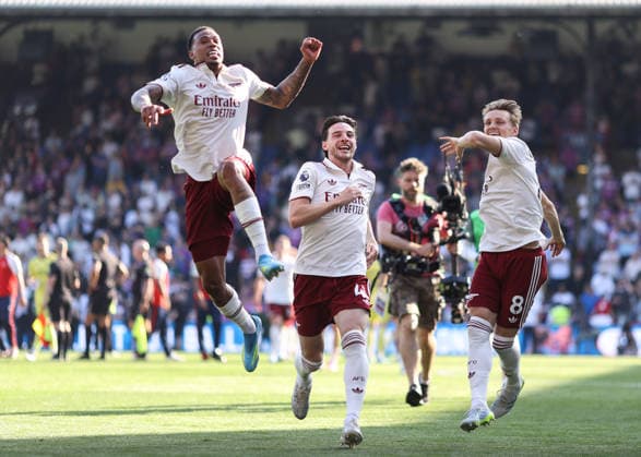 Crystal Palace v Arsenal 24 May 2026, London - Premier League Football - Crystal Palace v Arsenal - L-R Gabriel, Declan Rice and Martin Odegaard of Arsenal celebrates victory - Photo: Jacques Feeney Offside. London UK Copyright: xJacquesxFeeneyx xOffsidexOffside