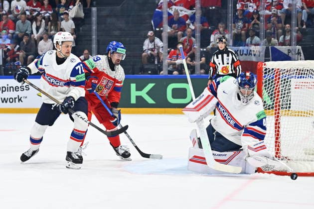 From left Stian Solberg of Norway, Jakub Flek of Czech Republic and goalkeeper Henrik Haukeland in action during the IIHF World Championship, WM, Weltmeisterschaft Group B match Czech Republic vs Norway on May 25, 2026, Fribourg, Switzerland. (CTKxPhoto RadekxPetrasek) CTKPhotoP2026052505400  CTKPhotoP2026052505400