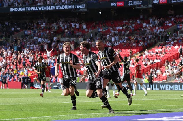 Lucas Ness of Notts County scores the second goal 2-0 and celebrates Notts County v Salford City, EFL Sky Bet League Two, Play-Off Final, Football, Wembley Stadium, London, UK - 25 May 2026London Wembley Stadium United Kingdom EDITORIAL USE ONLY No use with unauthorised audio, video, data, fixture lists, club league logos or live services. Online in-match use limited to 120 images, no video emulation. No use in betting, games or single club league player publications. Copyright: xAndrewxFosker Shutterstockx 16889937bu