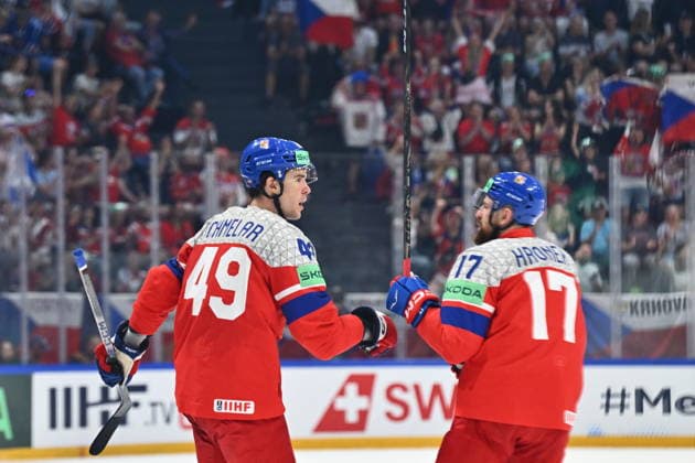 From left Jaroslav Chmelar and Filip Hronek of Czech Republic celebrate a goal during the IIHF World Championship, WM, Weltmeisterschaft Group B match Czech Republic vs Norway on May 25, 2026, Fribourg, Switzerland. (CTKxPhoto RadekxPetrasek) CTKPhotoP2026052505491  CTKPhotoP2026052505491