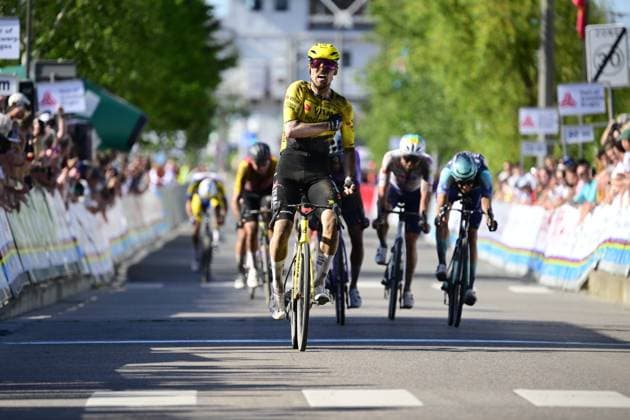 Norwegian Per Strand Hagenes of Team Visma-Lease a Bike and pictured crossing the finish line of the Antwerp Port Epic men s elite one day cycling race, 196,4 km in and around Antwerp, Monday 25 May 2026. TOM GOYVAERTS TomxGoyvaerts  x175024909x