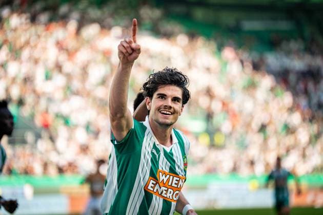 SOCCER - BL, Rapid vs Ried VIENNA,AUSTRIA,25.MAY.26 - SOCCER - ADMIRAL Bundesliga, Europacup play off, SK Rapid Wien vs SV Ried. Image shows the rejoicing of Jakob Schoeller and Petter Nosa Dahl (Rapid).  GEPAxpictures xKevinxHackner