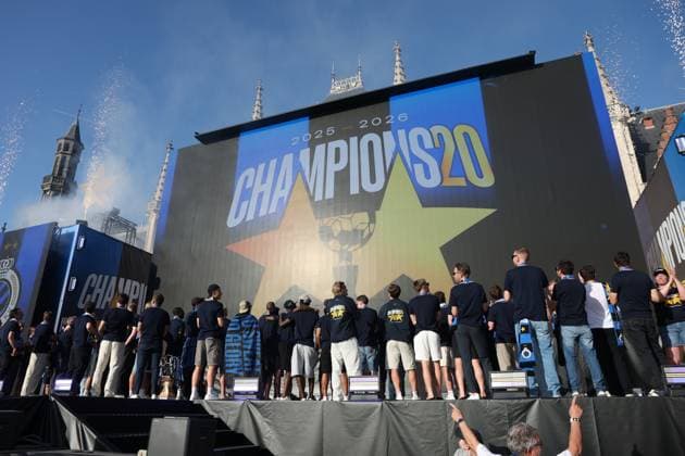 Club Brugge player s pictured during celebrations of Club Brugge after winning the 2025-2026 Jupiler Pro League first division of the Belgian championship, in Brugge, on Monday 25 May 2026. KURTxDESPLENTER  x175038951x
