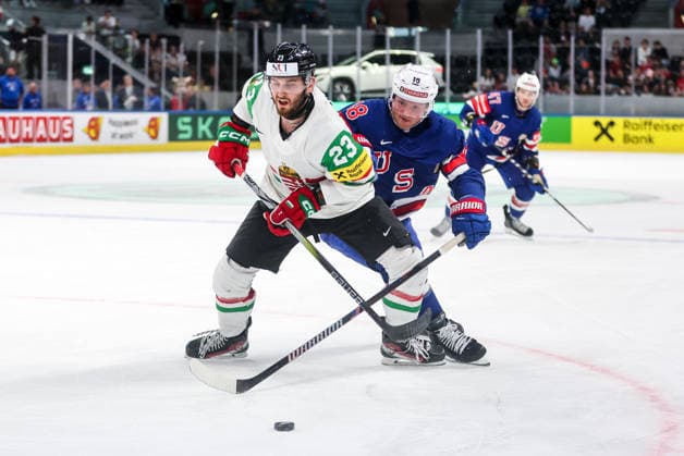 Ice hockey, Eishockey - IIHF WC 2026 ZURICH,SWITZERLAND,25.MAY.26 - ICE HOCKEY - IIHF Ice Hockey World Championship, WM, Weltmeisterschaft 2026, group stage, USA vs Hungary. Image shows Zeteny Hadobas (HUN) and Sam Lafferty (USA).  GEPAxpictures xMaticxKlansek