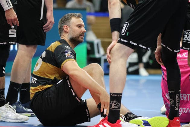25.05.2026 Handball Herren 2025 2026 2. Handball-Bundesliga 32. Spieltag HC Elbflorenz 2006 - TSV Bayer Dormagen BallsportArena Dresden Jonas Thümmler (Dresden, 46, schwarzgold). Dresden Sachsen Deutschland