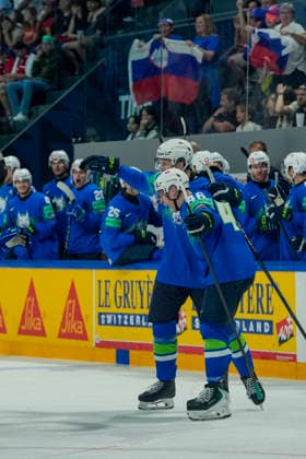 FRIBOURG, SWITZERLAND - MAY 25: Matic Torok of Slovenia R) celebrates his goal during the 2026 IIHF Ice hockey, Eishockey World Championship, WM, Weltmeisterschaft Switzerland game between Slovenia and Italy at BCF Arena on May 25, 2026 in Fribourg, Fribourg. Fribourg BCF Arena Fribourg Switzerland Copyright: xJustPictures.ch JarixPestelaccix jp-en-EuSpIm-JP6_JAR_Slovenia_Italy_25May2026_00047-2