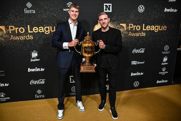 Beveren s Laurent Jans (R) celebrate after the Pro League Awards 2026, for the best players in the 1st and 2nd divisions of the 2025-2026 Belgian soccer championships, on Monday 25 May 2026, in Antwerp. EMILExWINDAL  x175067278x