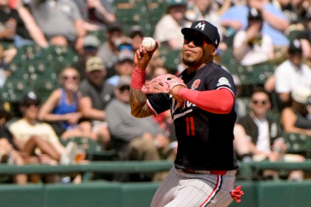Minnesota Twins shortstop Orlando Arcia (11) makes the throw to first for the out against the Chicago White Sox during the sixth inning at Rate Field in Chicago, IL on Monday, May 25, 2026. Sox defeated the Twins 3-1.  CHI20260525132 MARKxBLACK