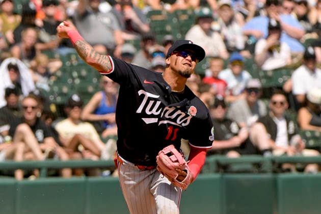 Minnesota Twins shortstop Orlando Arcia (11) makes the throw to first for the out against the Chicago White Sox during the sixth inning at Rate Field in Chicago, IL on Monday, May 25, 2026. Sox defeated the Twins 3-1.  CHI20260525133 MARKxBLACK