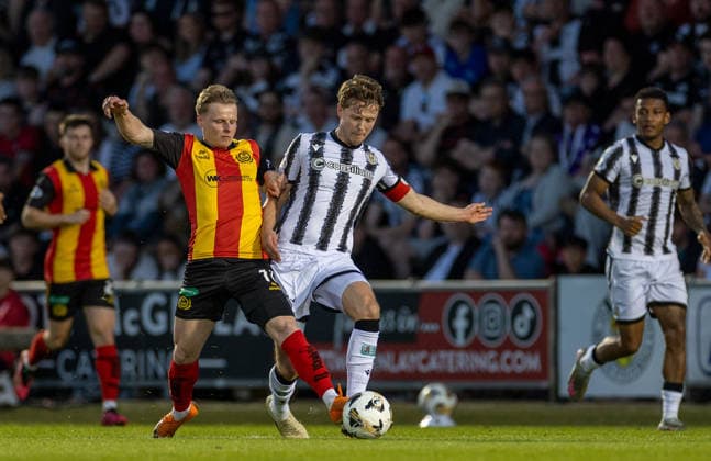 25th May 2026; SMISA Stadium, Paisley, Scotland; Scottish Championship Playoff Football, St Mirren versus Partick Thistle; Gary Mackay Steven of Partick Thistle tackles Mark OHara of St Mirren VagelisxGeorgariou