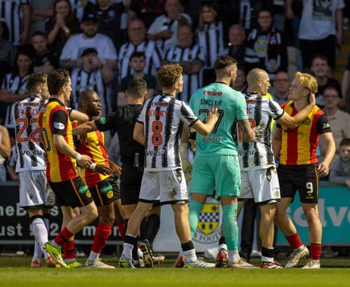 25th May 2026; SMISA Stadium, Paisley, Scotland; Scottish Championship Playoff Football, St Mirren versus Partick Thistle; Referee Nick Walsh separates the players as Alex Gogic of St Mirren and Alex Samuel of Partick Thistle react to each other VagelisxGeorgariou