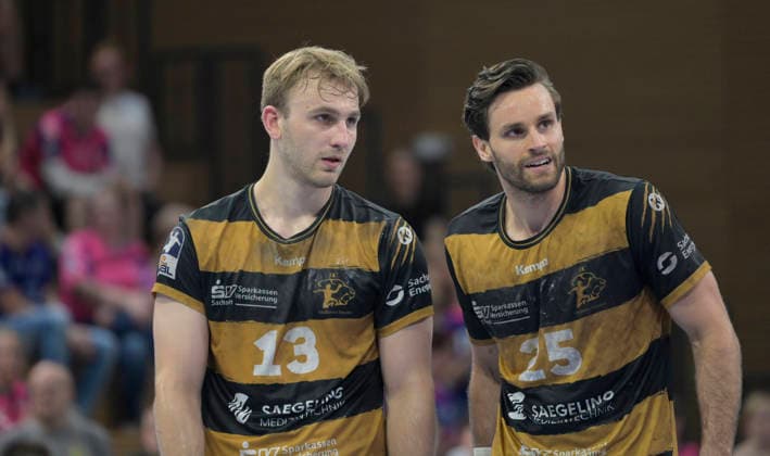 25.05.2026, Dresdens Anton Preußner und Dresdens Sebastian Greß, rechts, Handball, 2. Bundesliga, HC ELbflorenz Dresden -TSV Bayer Dormagen, (c) Dresden