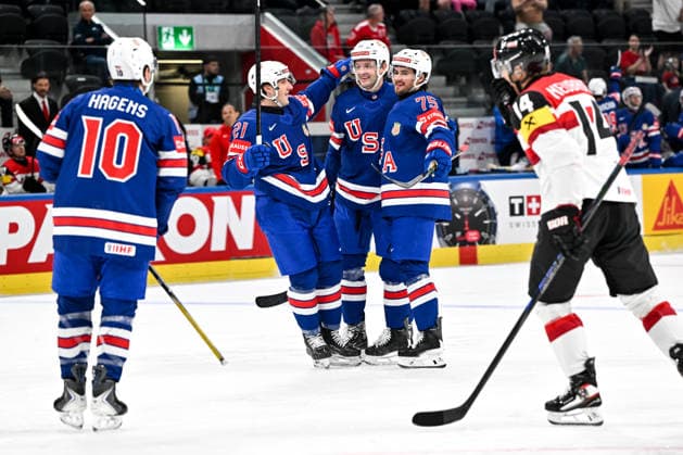 ZURICH, SWITZERLAND - MAY 26: Connor Clifton of United States R) celebrates his goal during the 2026 IIHF Ice hockey, Eishockey World Championship, WM, Weltmeisterschaft Switzerland game between USA and Austria at Swiss Life Arena on May 26, 2026 in Zurich, Zurich. Zurich Swiss Life Arena Zurich Switzerland Copyright: xJustPictures.ch AndreaxBrancax jp-en-EuSpIm-JP7_ANB_USA_Aut_26052026_6301