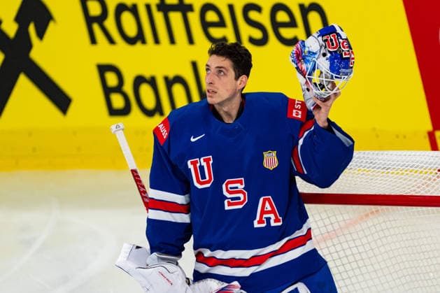 ZURICH, SWITZERLAND - MAY 26: Devin Cooley (United States, 1) in front of his goal during the Preliminary Round - Group A Match 53 between United States and Austria at the IIHF Ice hockey, Eishockey World Championship, WM, Weltmeisterschaft 2026, Swiss Life Arena on May 26, 2026 in Zurich, Switzerland. Zurich Switzerland Copyright: xTimoxSteinx