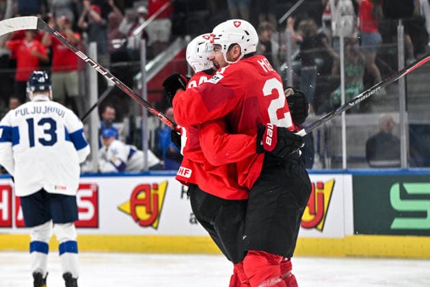 ZURICH, SWITZERLAND - MAY 26: Attilio Biasca of Switzerland L) and Timo Meier of Switzerland R) celebrate a goal during the 2026 IIHF Ice hockey, Eishockey World Championship, WM, Weltmeisterschaft Switzerland game between Switzerland and Finland at Swiss Life Arena on May 26, 2026 in Zurich, Zurich. Zurich Swiss Life Arena Zurich Switzerland Copyright: xJustPictures.ch AndreaxBrancax jp-en-EuSpIm-JP7_ANB_SuiFin_26052026_7369