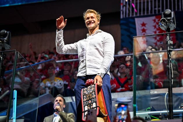 ZURICH, SWITZERLAND - MAY 26: Skier Marco Odermatt during the pre-game ceremony during the 2026 IIHF Ice hockey, Eishockey World Championship, WM, Weltmeisterschaft Switzerland game between Switzerland and Finland at Swiss Life Arena on May 26, 2026 in Zurich, Zurich. Zurich Swiss Life Arena Zurich Switzerland Copyright: xJustPictures.ch AndreaxBrancax jp-en-EuSpIm-JP7_ANB_SuiFin_26052026_7221