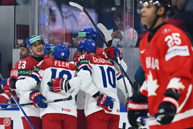 Lukas Sedlak of Czech Republic, left, celebrates a goal during the IIHF World Championship, WM, Weltmeisterschaft Group B match Czech Republic vs Canada on May 26, 2026, Fribourg, Switzerland. (CTKxPhoto RadekxPetrasek) CTKPhotoP2026052608707  CTKPhotoP2026052608707
