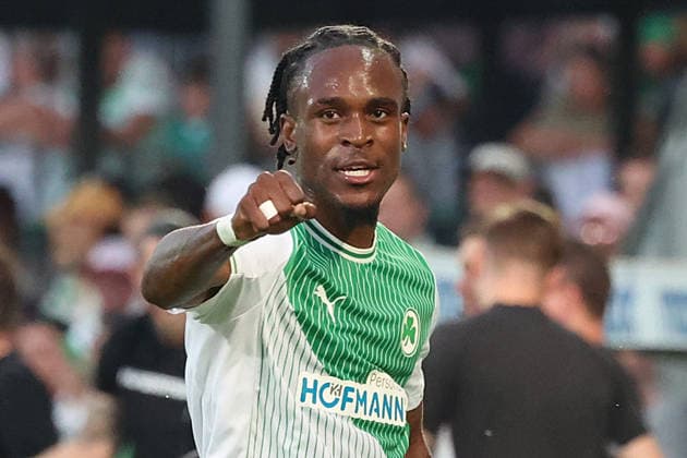 26.05.2026, xrekx, Fussball 2.Bundesliga Relegation, SpVgg Greuther Fuerth - Rot-Weiss Essen v.l. Torjubel nach dem Tor zum celebrating the goal celebrate 1:0 durch Noel Futkeu (SpVgg Greuther Fuerth) (DFL DFB REGULATIONS PROHIBIT ANY USE OF PHOTOGRAPHS as IMAGE SEQUENCES and or QUASI-VIDEO) Fuerth
