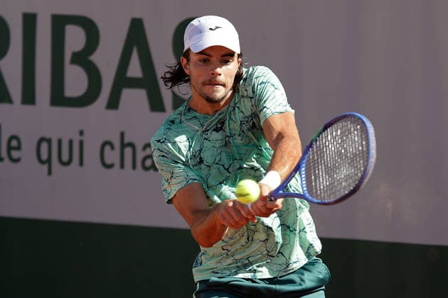 French Open - Jaime Faria (POR) plays a backhand during at the 2026 Roland-Garros tournament in Paris, FRANCE, on May 26 - 2026 Copyright: AntonioxBorga