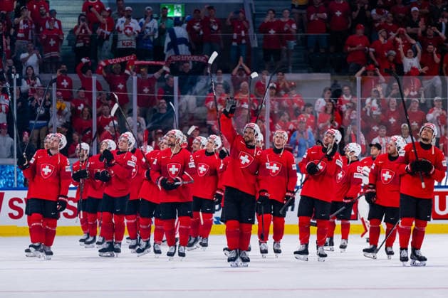 ZURICH, SWITZERLAND - MAY 26: Swiss Team after their 4:2 win in the Preliminary Round - Group A Match 55 between Switzerland and Finland at the IIHF Ice hockey, Eishockey World Championship, WM, Weltmeisterschaft 2026, Swiss Life Arena on May 26, 2026 in Zurich, Switzerland. Zurich Switzerland Copyright: xTimoxSteinx