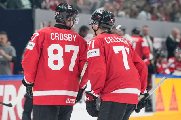 FRIBOURG, SWITZERLAND - MAY 26: Sidney Crosby of Canada L) and Macklin Celebrini of Canada talking before a face-off during the 2026 IIHF Ice hockey, Eishockey World Championship, WM, Weltmeisterschaft Switzerland game between Czechia and Canada at BCF Arena on May 26, 2026 in Fribourg, Fribourg. Fribourg BCF Arena Fribourg Switzerland Copyright: xJustPictures.ch JarixPestelaccix jp-en-EuSpIm-JP6_JAR_Czechia_Canada_26May2026_00182